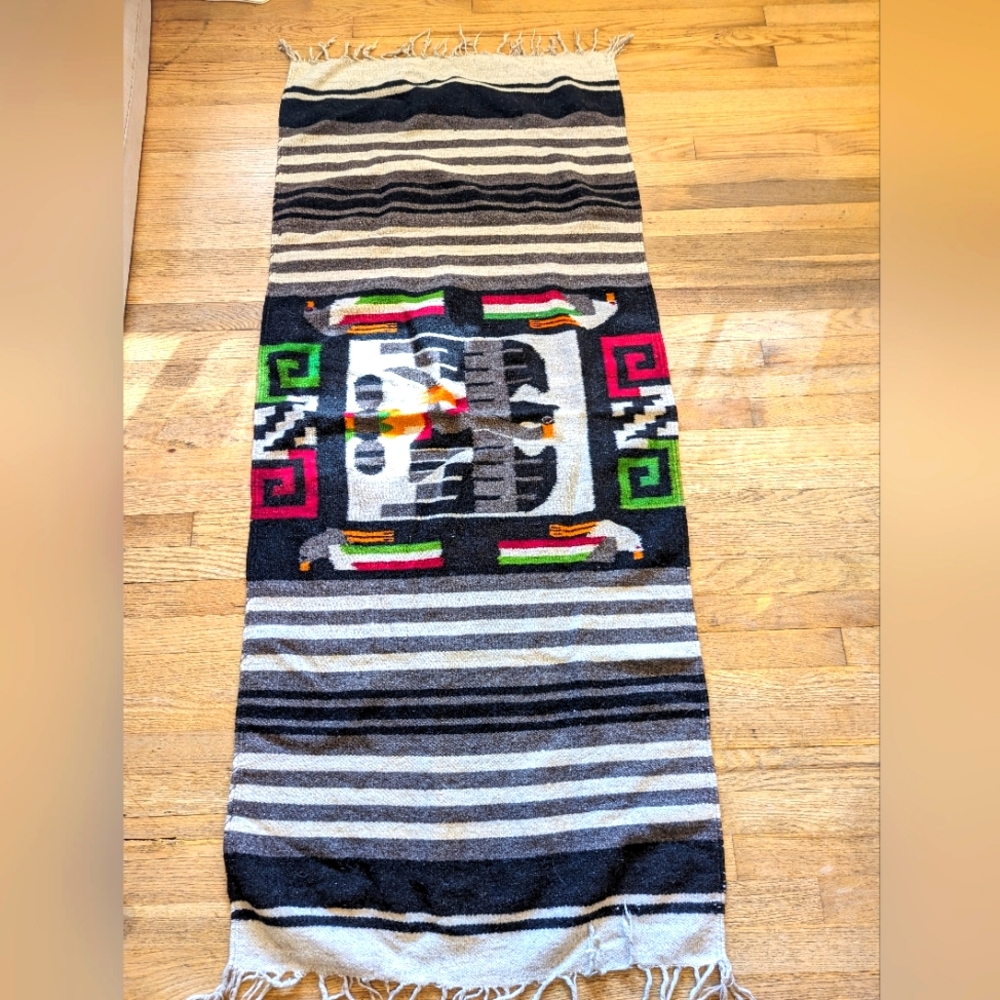 Vintage Mexican wool rug blanket eagle snake brown black stripe fringe boho65x27